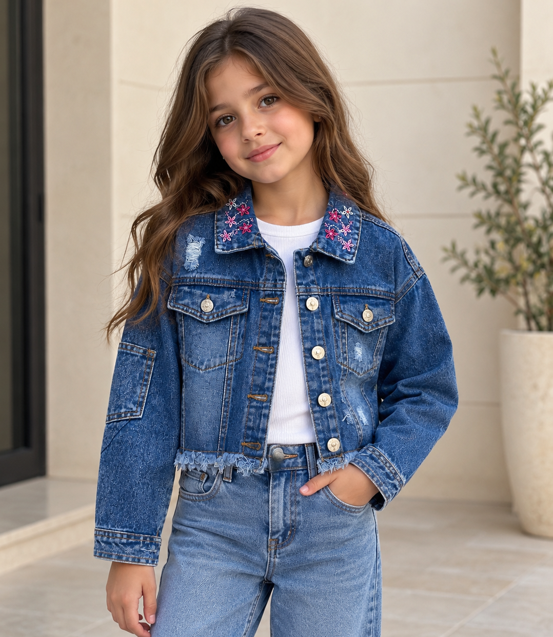 Girls’ Blue Denim Jacket with Floral Embroidered Collar