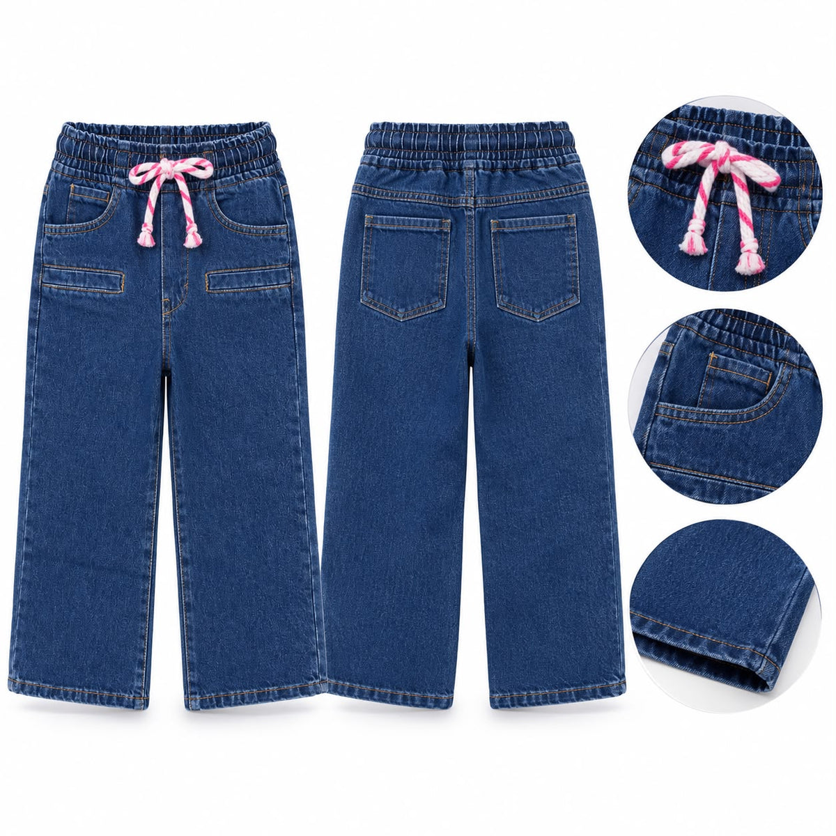 Girls’ Denim Wide-Leg Jogger Jeans with Pink Drawstring