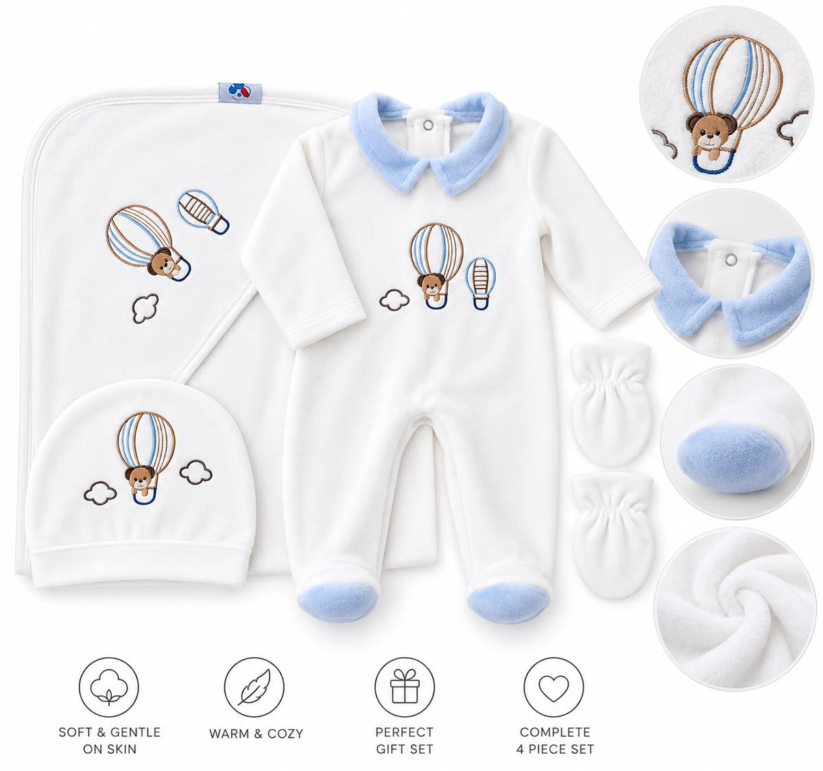 Baby Boy 4-Piece Velvet Hot Air Balloon Gift Set