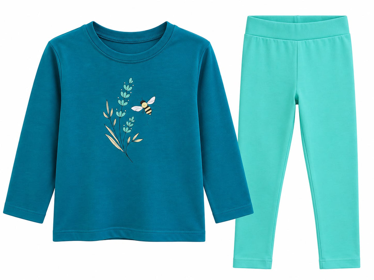 Girls’ Cotton Teal Bee Print Top & Leggings Set