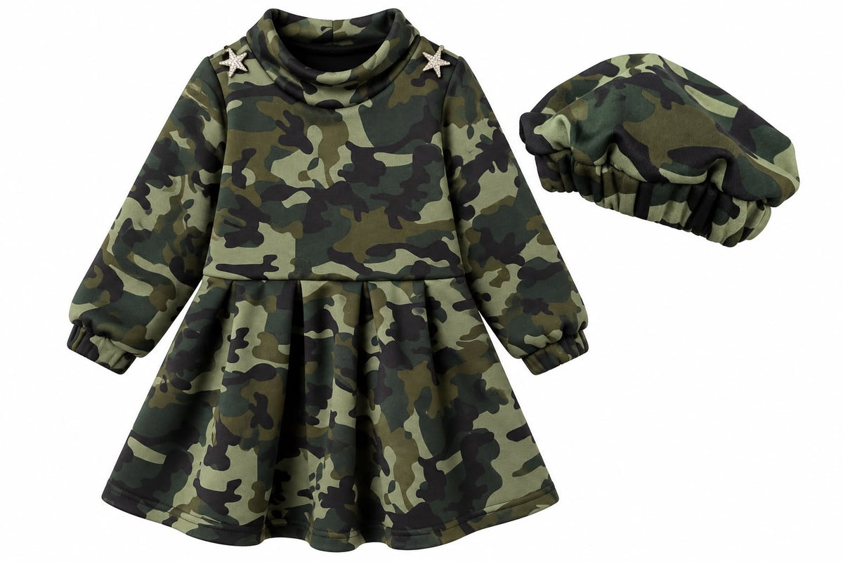 Girls’ Camouflage Fleece Dress with Matching Hat