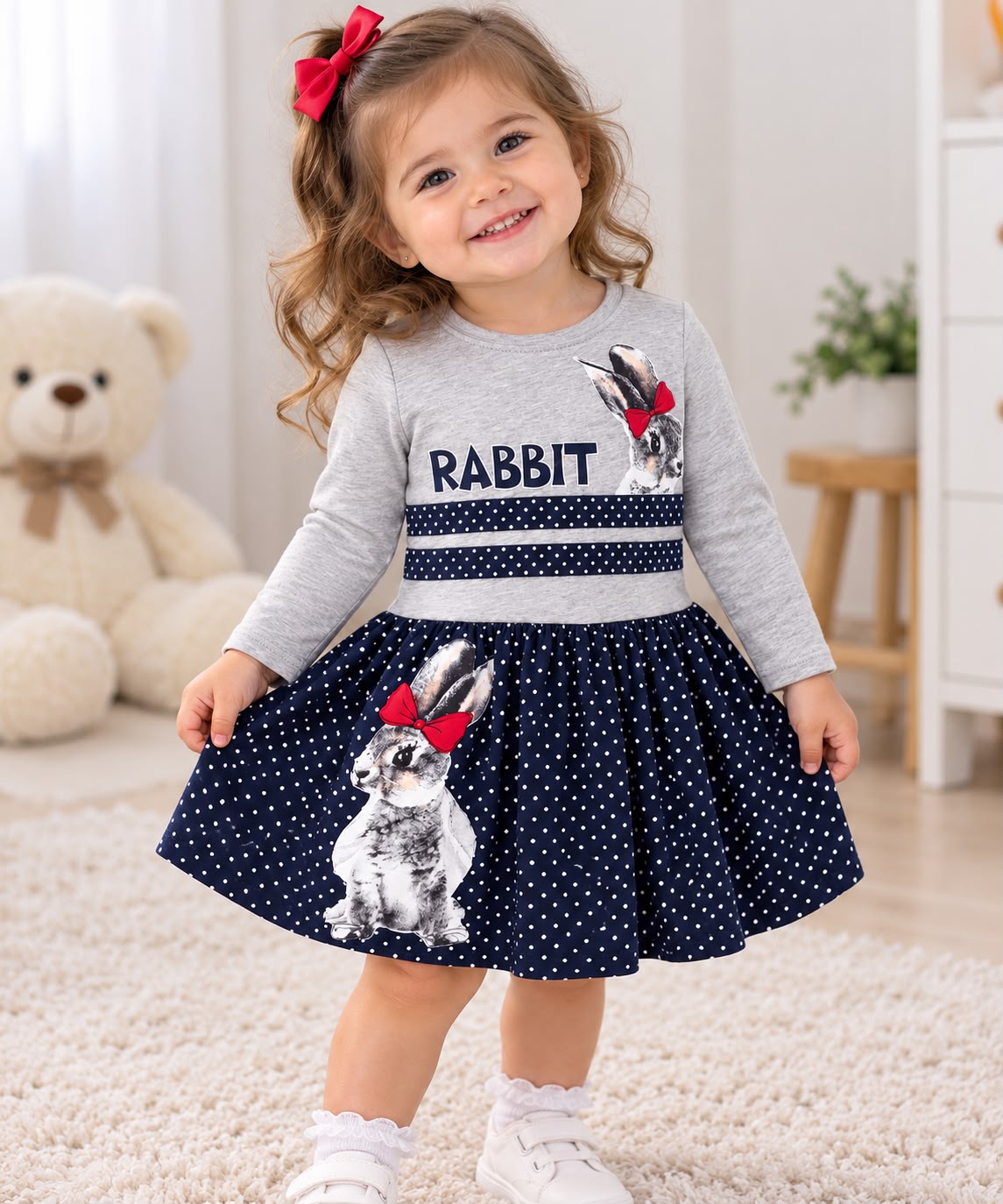 Girls’ Rabbit Print Dress – Grey & Navy Polka Dot