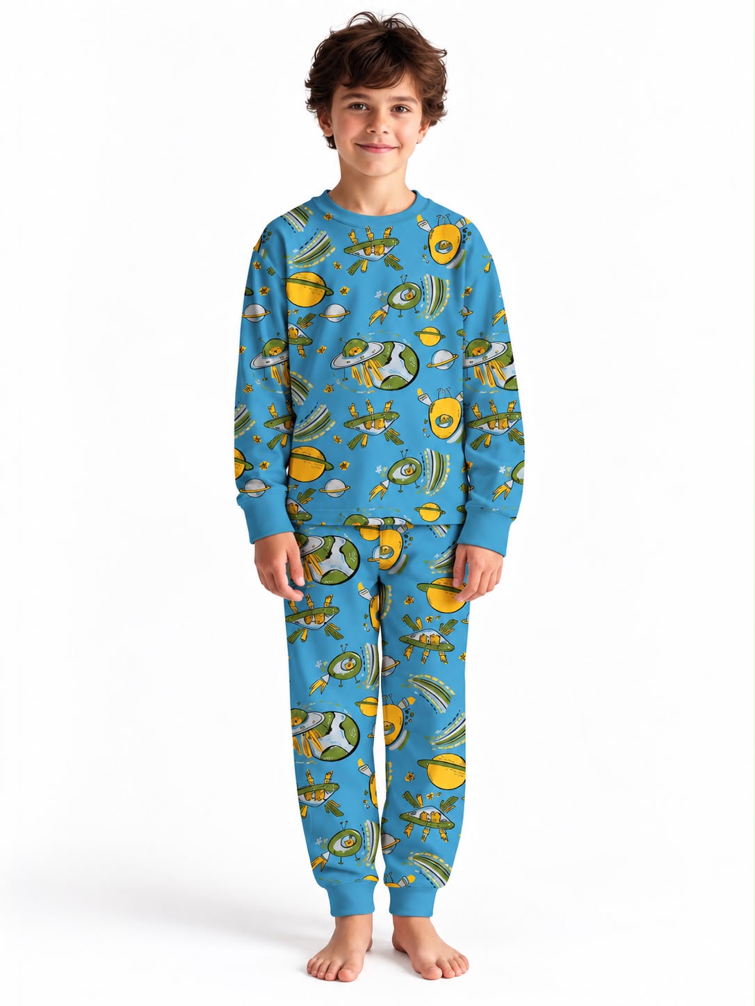 Kids Cotton Space & Planets Printed Pajama Set – Blue