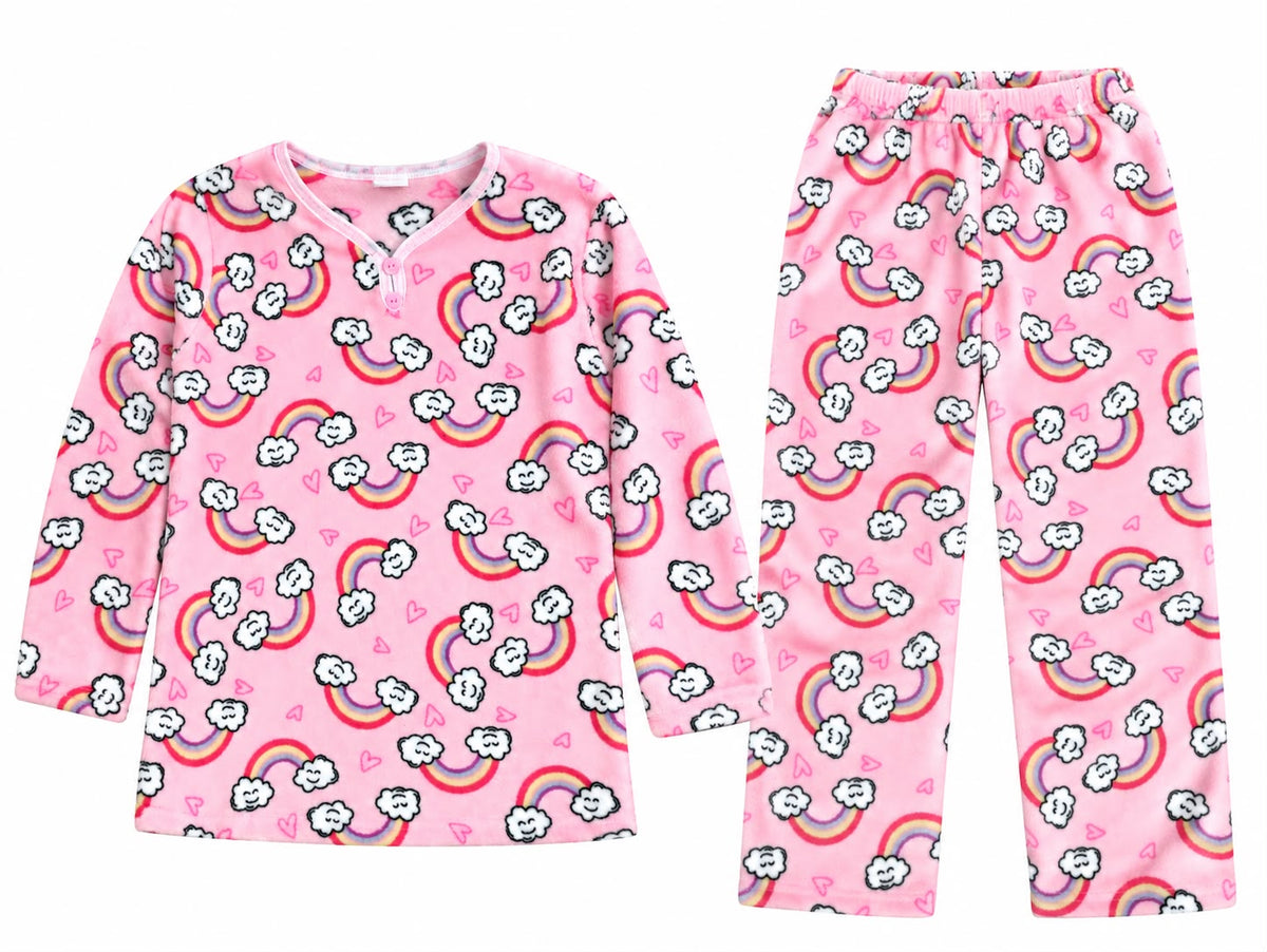Girls’ Pink Rainbow & Clouds Fleece Pajama set (FITS SMALLER SIZE)