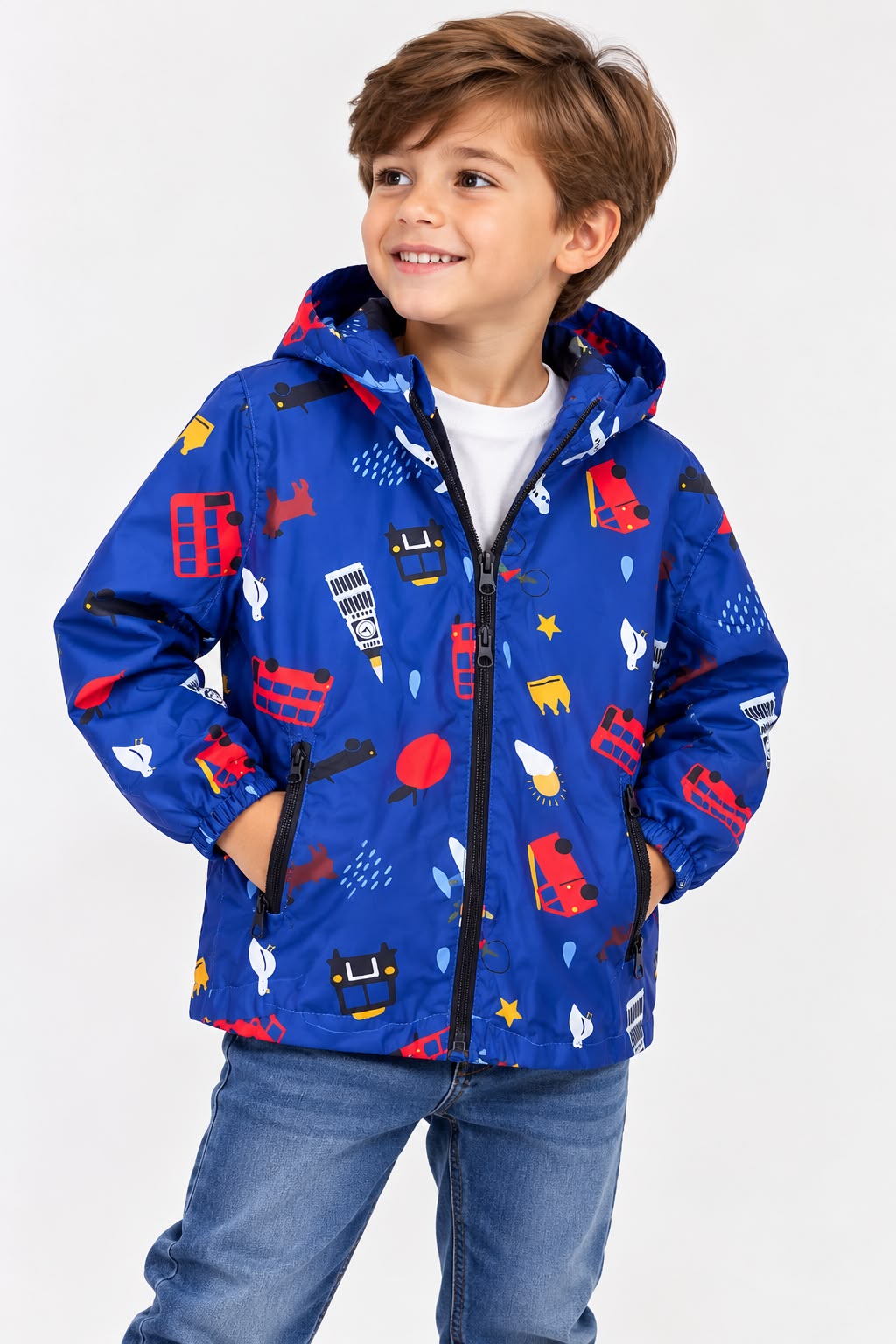 Boys’ Blue Printed Hooded Rain Jacket