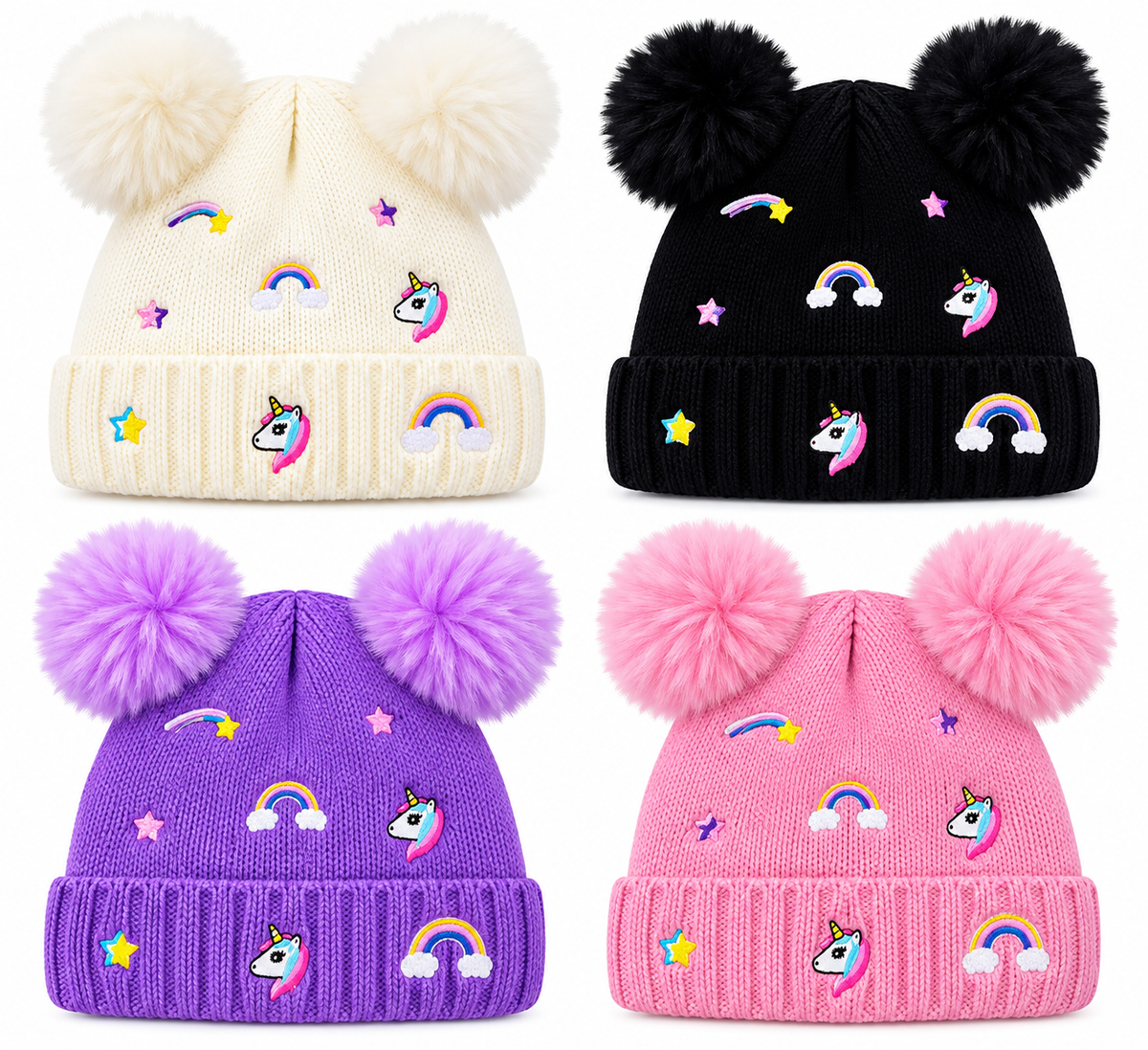 Girls’ Knitted Unicorn Beanie with Double Pom-Poms