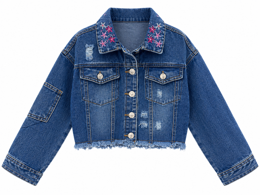 Girls’ Blue Denim Jacket with Floral Embroidered Collar