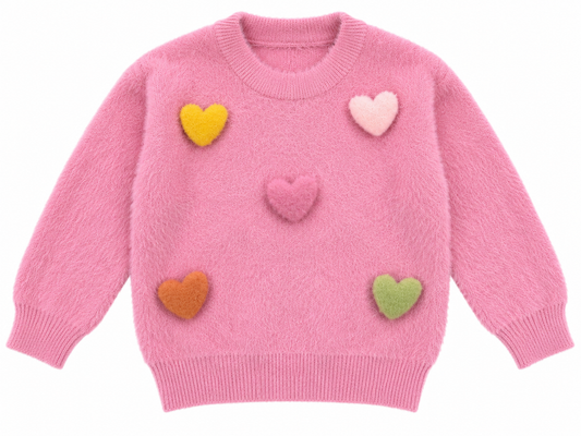 Girls’ Pink Fuzzy Sweater with Colorful Heart Patches