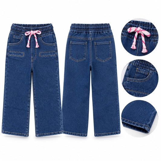 Girls’ Denim Wide-Leg Jogger Jeans with Pink Drawstring