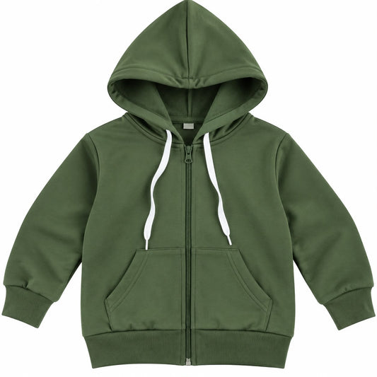 Kids’ Olive Green Cotton Zip-Up Hoodie