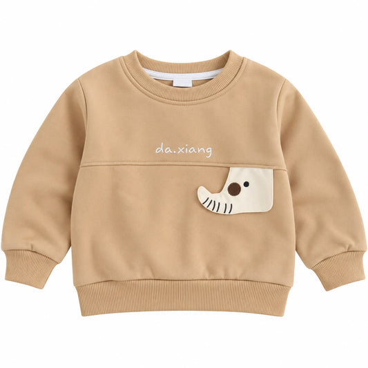 Beige Baby Boy Sweatshirt with Cute Animal Pocket