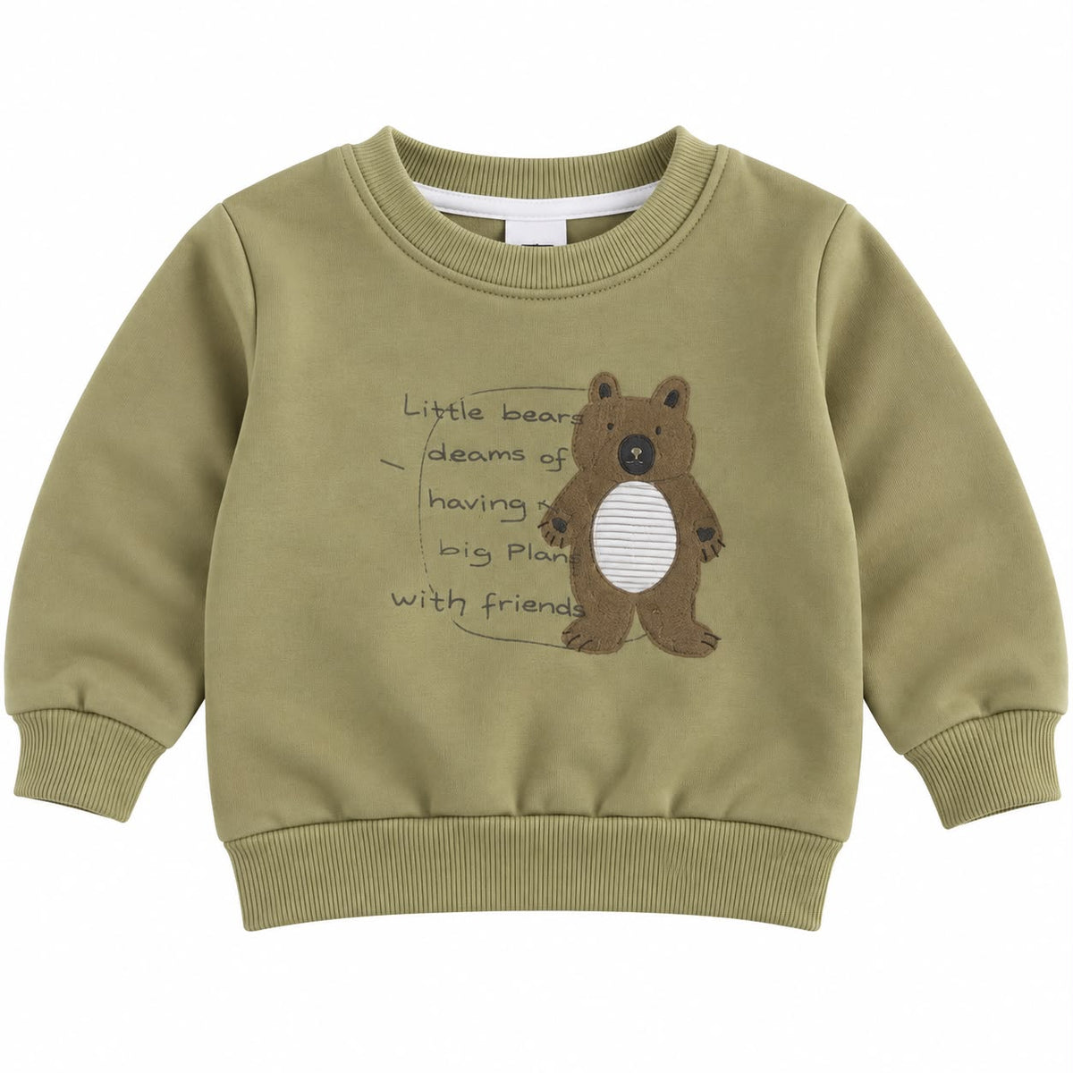 Kids’ Olive Green Sweatshirt with Teddy Bear Print