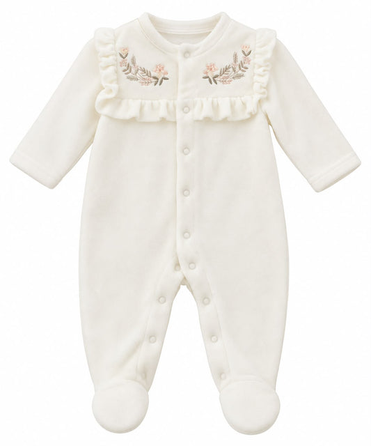 Baby Girl Cream Velour Footed Sleepsuit with Floral Embroidery