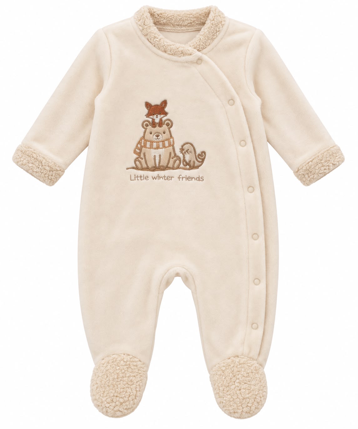 Baby Unisex Cream Sherpa Fleece Footed Sleepsuit with Winter Animals