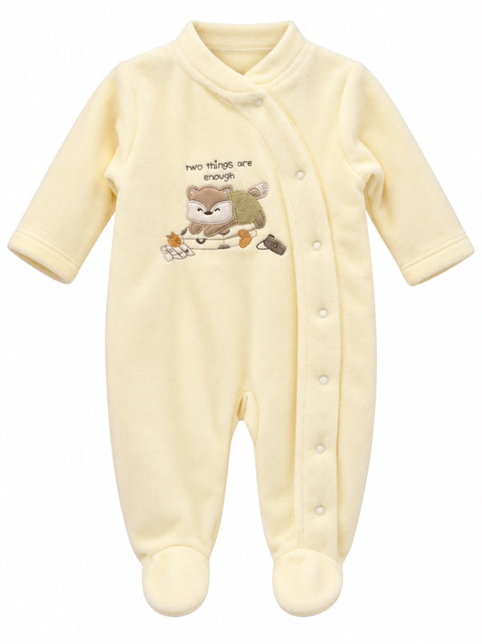 Baby Cream Fleece Footed Romper – Embroidered Animal Design