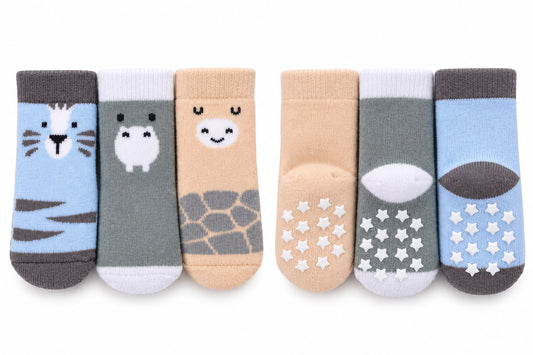 Baby Anti-Slip Socks – 3-Pair Animal Print Set (0–6 Months)