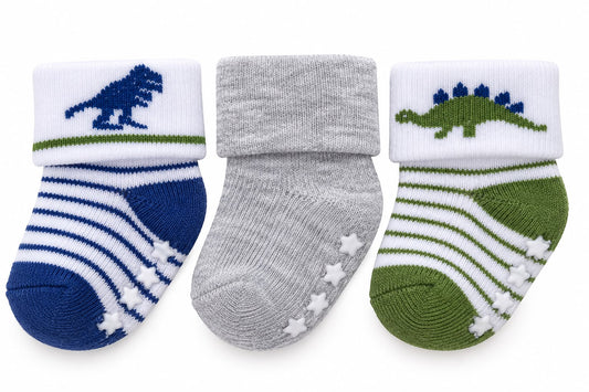 Baby Dinosaur Socks – 3-Pair Set (0–6 Months)