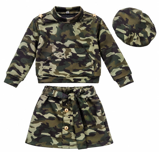 Girls’ 3-Piece Camouflage Sweatshirt, Skirt & Beret Set