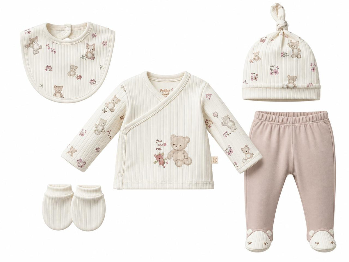 Newborn Baby 5-Piece Ribbed Cotton Gift Set – Teddy Bear Print