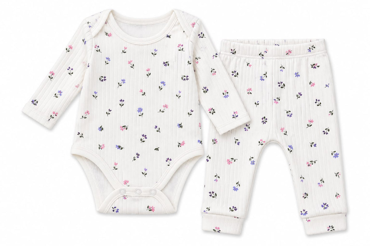 Baby Floral Ribbed Cotton Set – Long Sleeve Bodysuit & Pants