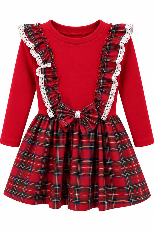 Girls Red Tartan Plaid Dress with Lace & Bow