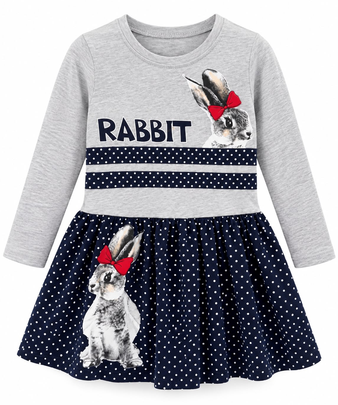 Girls’ Rabbit Print Dress – Grey & Navy Polka Dot