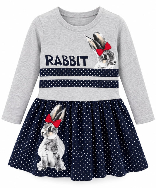 Girls’ Rabbit Print Dress – Grey & Navy Polka Dot
