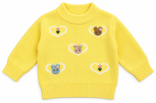 Girls’ Yellow Knit Sweater with Heart & Bear Details