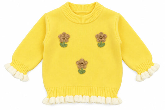 Girls’ Yellow Knit Sweater with Crochet Flower Details