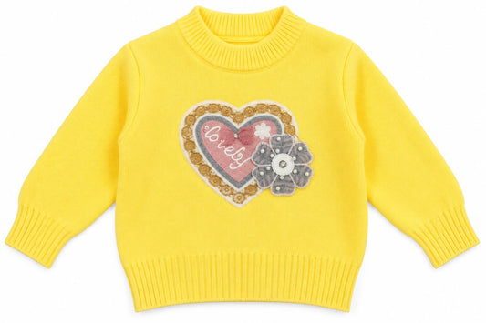 Girls’ Yellow Knit Sweater with Lovely Heart & Pearl Flower