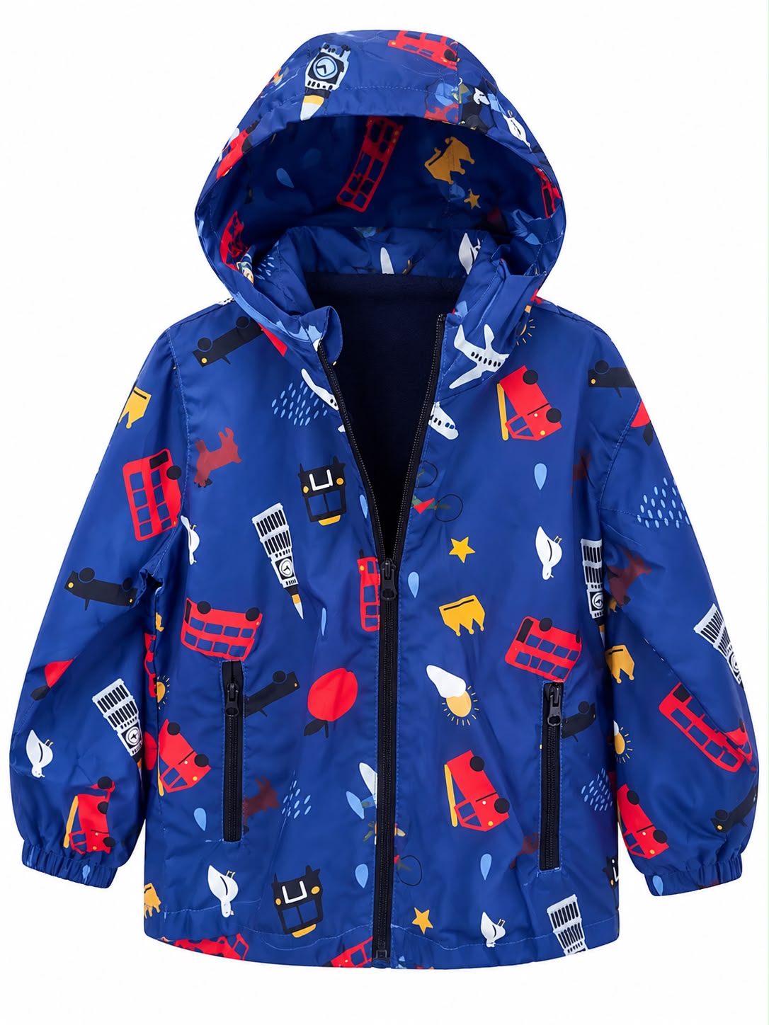 Boys’ Blue Printed Hooded Rain Jacket
