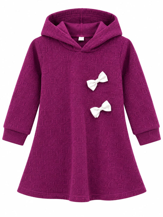 Girls’ Purple Hooded Knit Dress with Bows