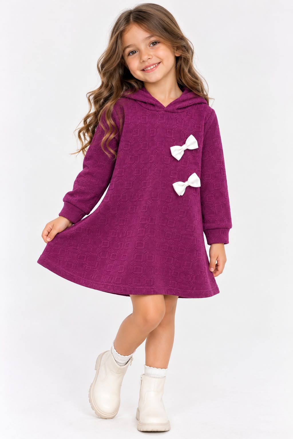 Girls’ Purple Hooded Knit Dress with Bows