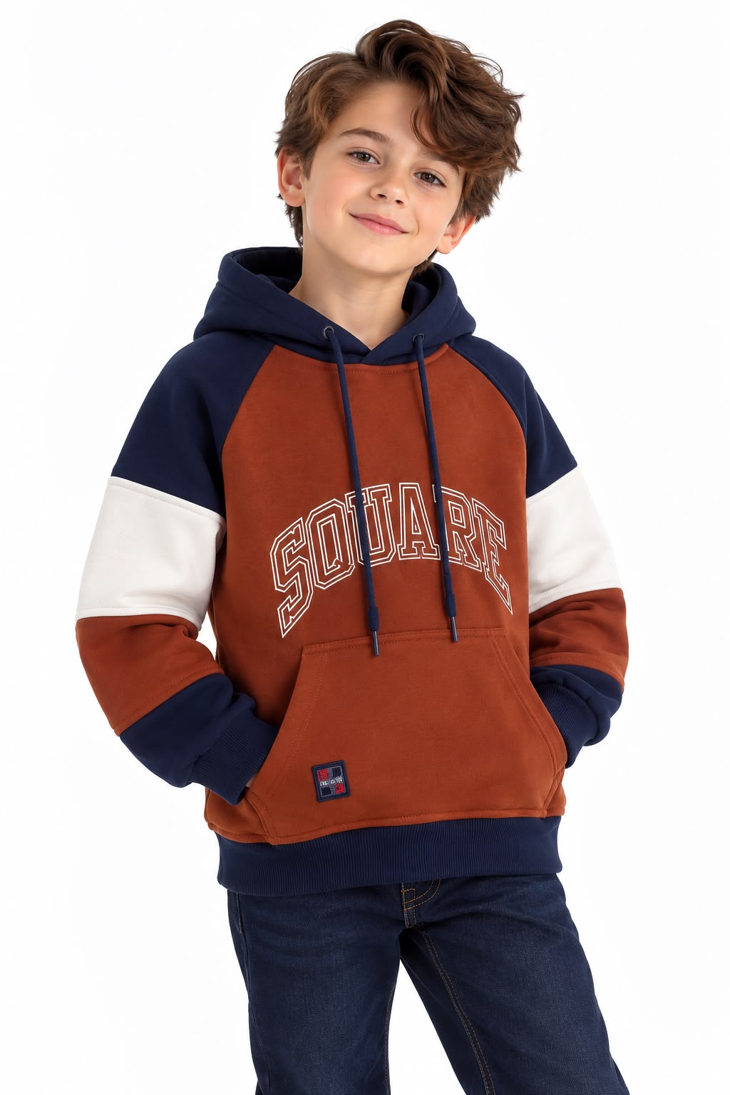 Boys Fleece-Lined Color Block Hoodie – Rust Brown & Navy
