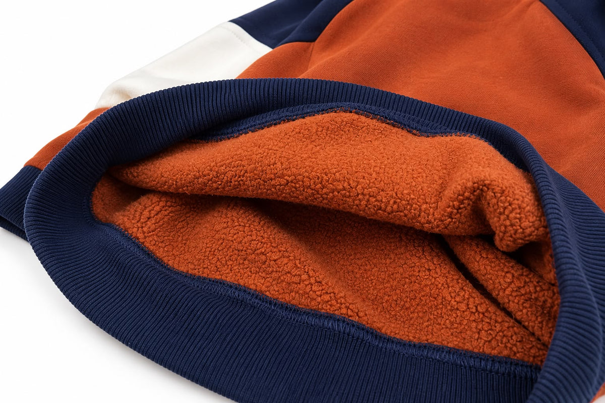 Boys Fleece-Lined Color Block Hoodie – Rust Brown & Navy