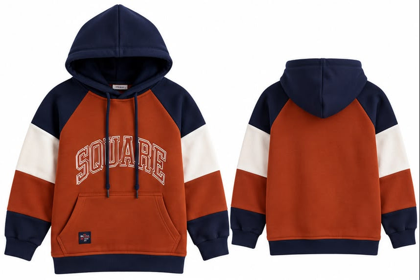 Boys Fleece-Lined Color Block Hoodie – Rust Brown & Navy