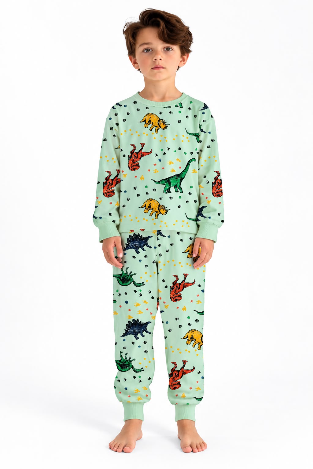 Boys Dinosaur Print Cotton Pajama Set – Mint Green