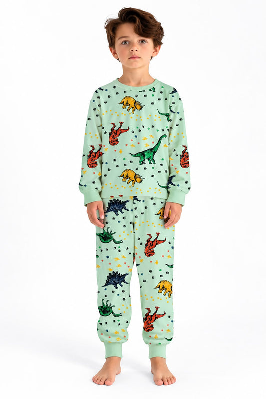 Boys Dinosaur Print Cotton Pajama Set – Mint Green