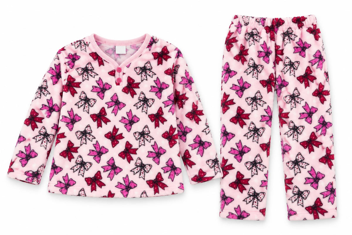 Girls’ Pink Bow Fleece Pajama Set (FITS SMALLER SIZE)