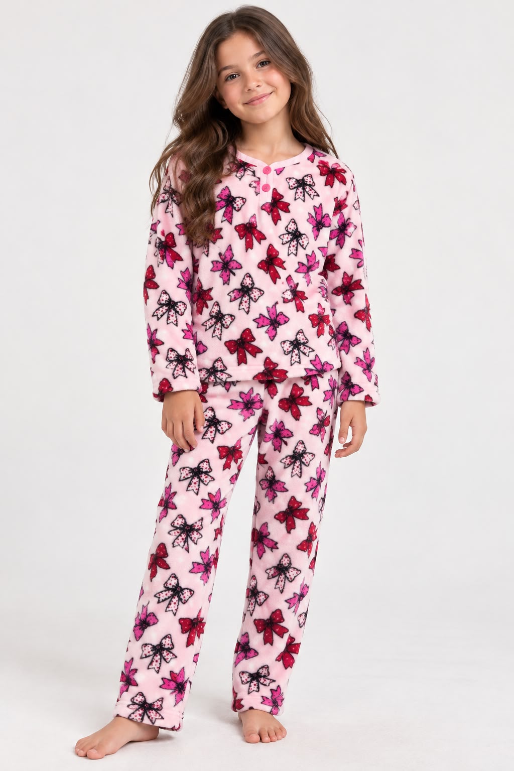 Girls’ Pink Bow Fleece Pajama Set (FITS SMALLER SIZE)