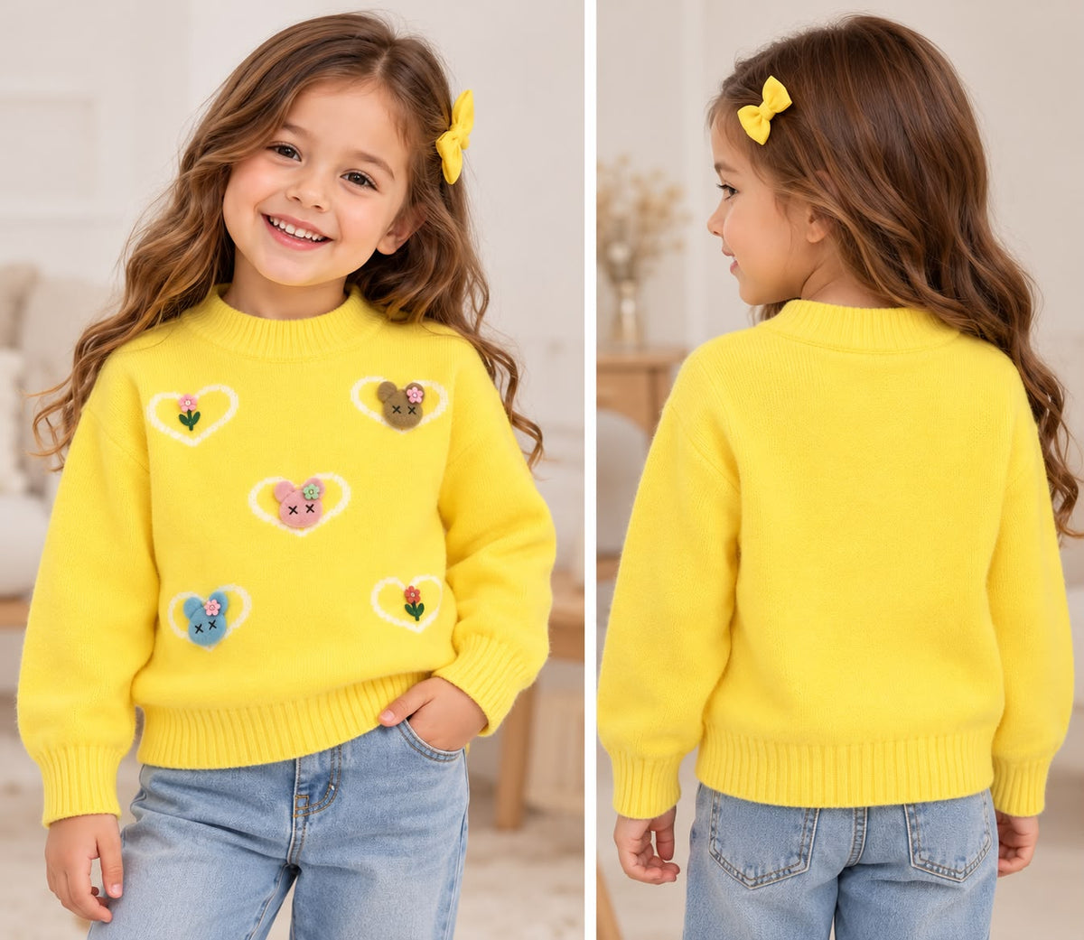 Girls’ Yellow Knit Sweater with Heart & Bear Details